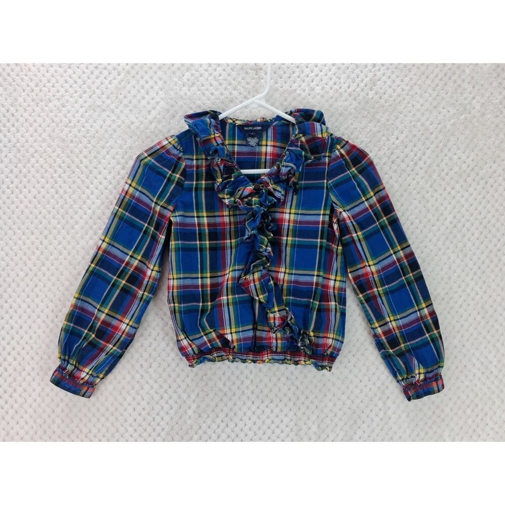 Ralph Lauren Girls 7 Blue Plaid Ruffle V-Neck Puffed Sleeve Blouse